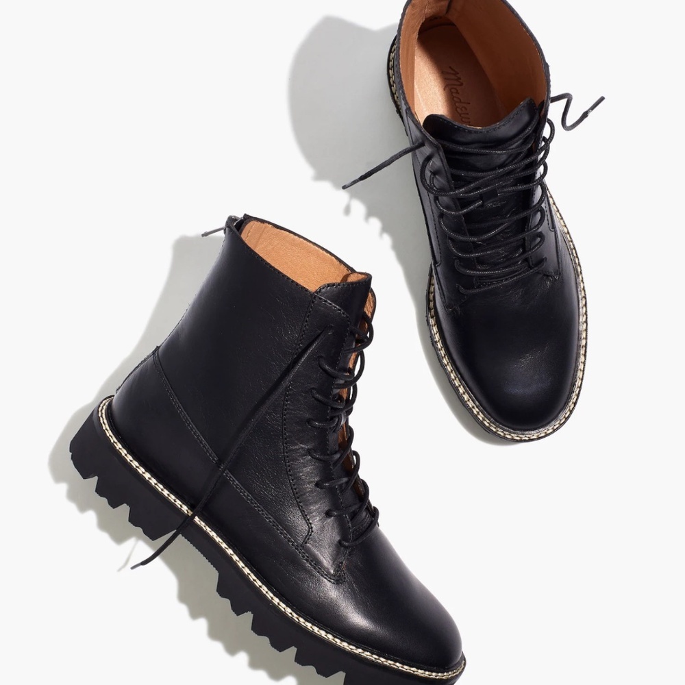 Madewell sz 9 The City Walk Black Leather Combat Back Zip Lug Sole Boots Shoes